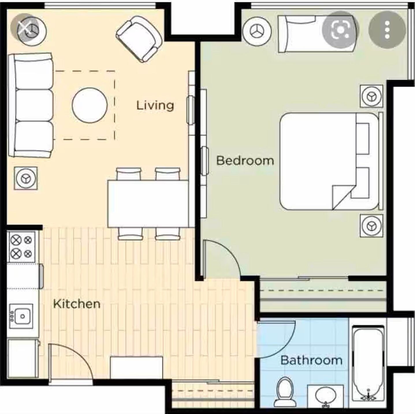 A floor plan with a living room, kitchen, bedroom, and bathroom.