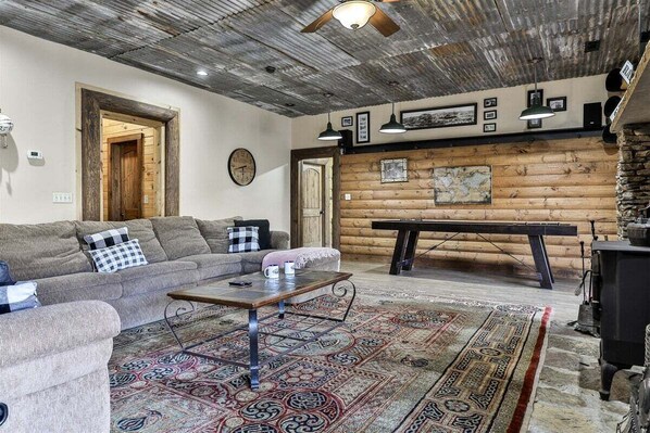 Smart TV, fireplace, books