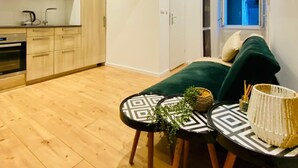 A modern apartment with a kitchen, a dining area, and a cozy living space.