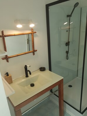 Shower, hair dryer, towels, soap
