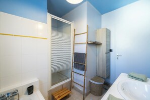Hair dryer, towels, soap, toilet paper