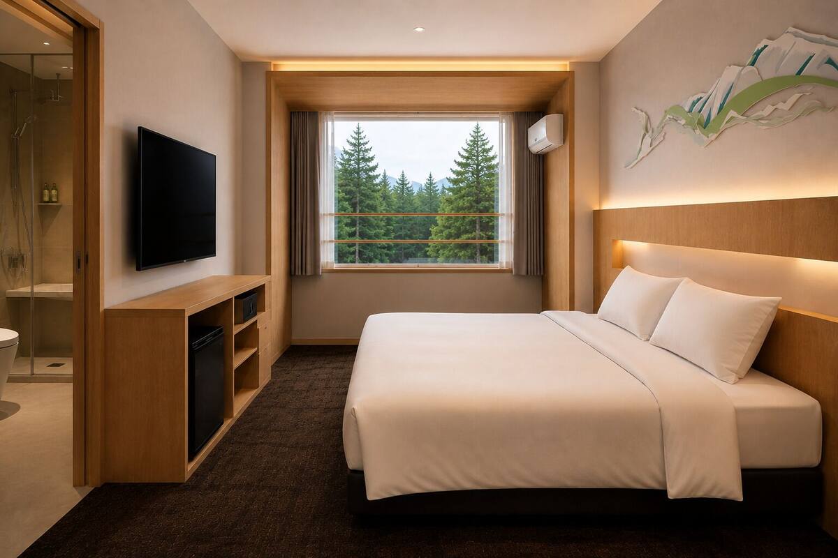 A hotel room with a bed, a TV, a window with a view of trees, and a shower area.
