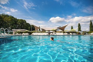 A swimming pool with lounge chairs and umbrellas, surrounded by trees and a clear sky. - Chalet in Bemelen near Bemelerberg Reserve (Bemelen)