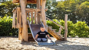 A wooden play structure with a slide and climbing elements, situated on sandy ground with greenery in the background. - Chalet in Bemelen near Bemelerberg Reserve (Bemelen)