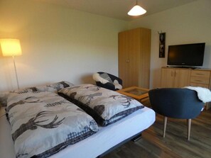 Une chambre à coucher avec un lit, une chaise, une télévision et une armoire.