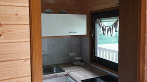 Een kleine keuken met houten wanden, een spoelbak, een fornuis en een raam met uitzicht op vis dat buiten hangt.