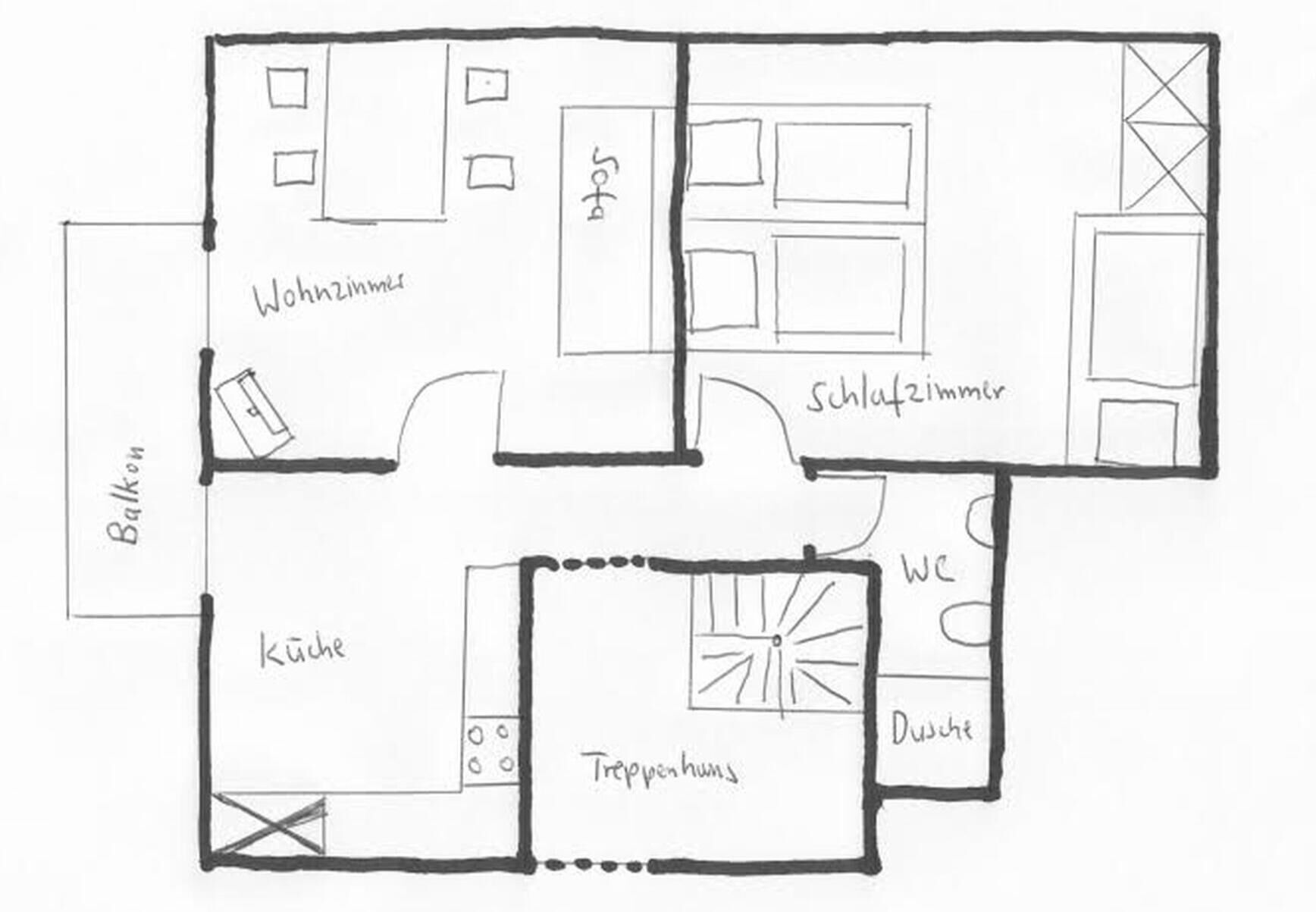 A hotel floor plan with a balcony, kitchen, living room, bedroom, bathroom, and a small dining area.