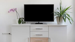 Un meuble TV blanc, surmonté d’un téléviseur à écran plat, avec une orchidée en pot et une plante en pot.