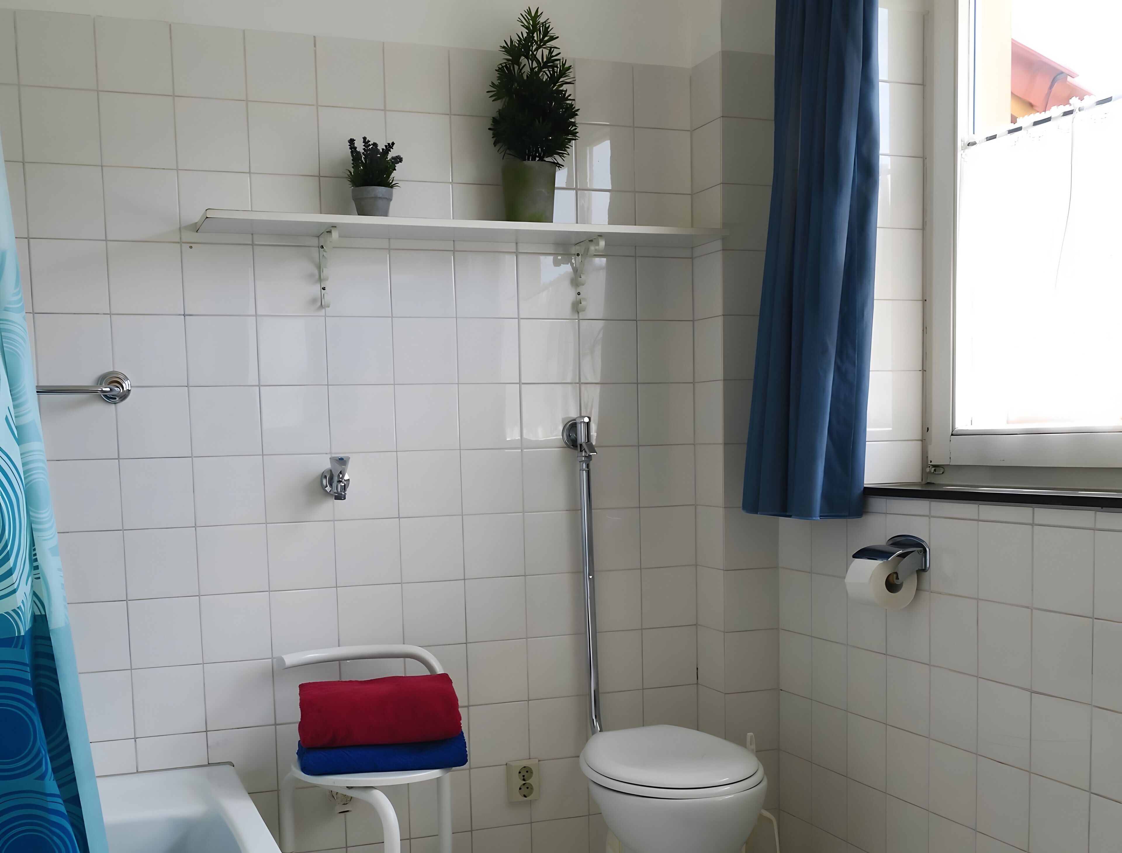 Une salle de bain avec des murs carrelés de carreaux blancs, des toilettes blanches, une douche avec un tuyau chromé, une petite étagère avec des plantes et un rideau bleu.