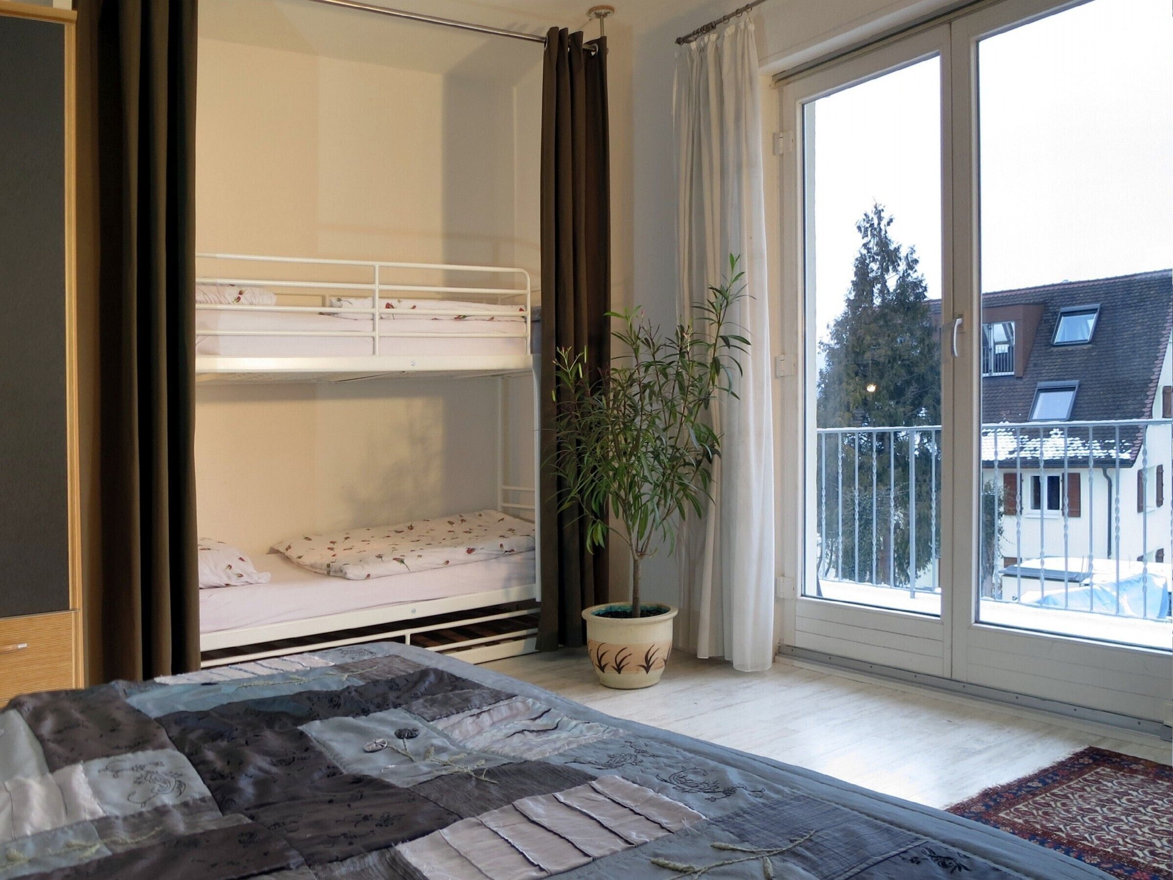 A bedroom with a bunk bed, a potted plant, and a view of the outside.