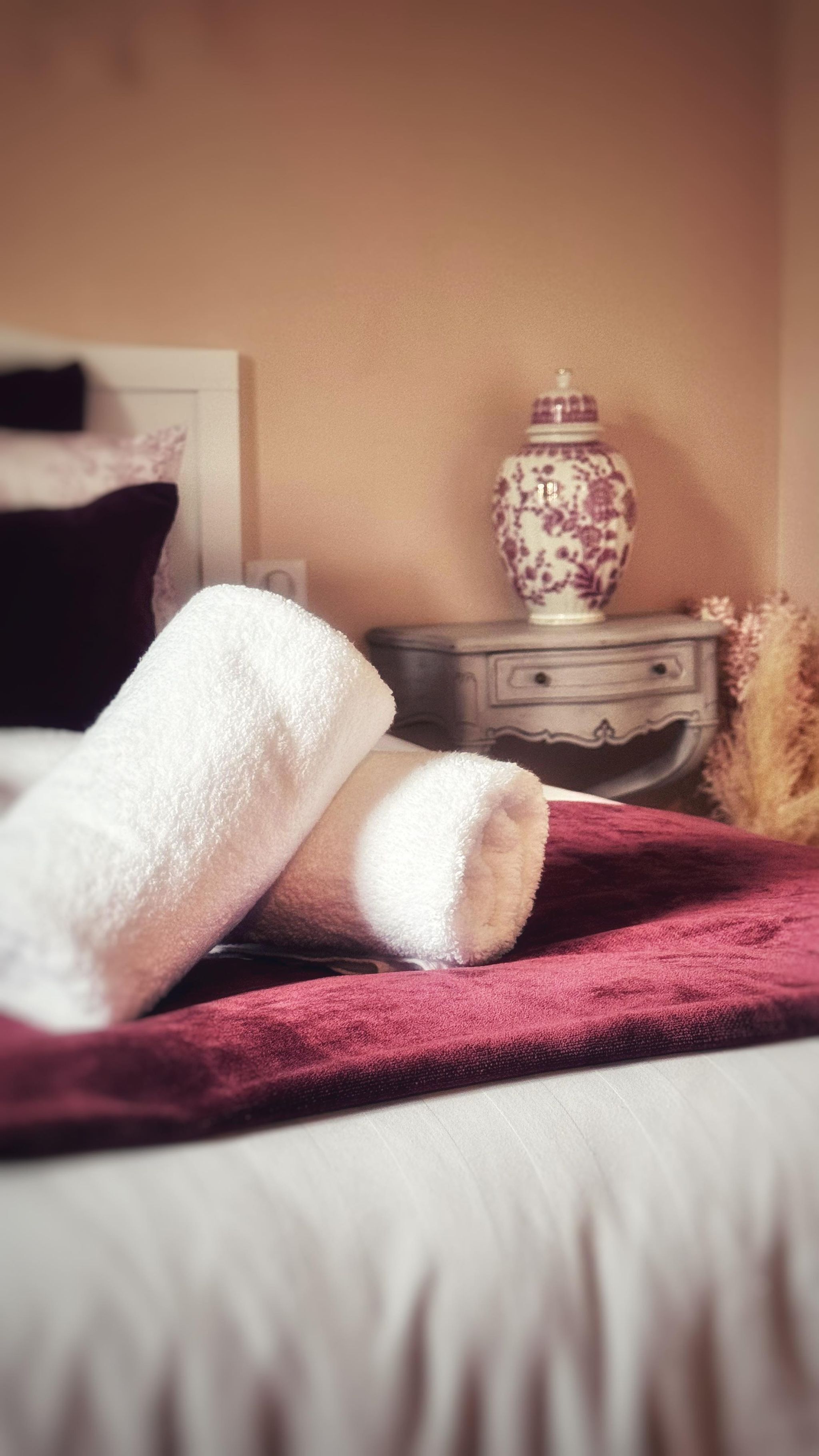 A bed with a white blanket and a red throw, a nightstand with a vase, and a wall with a door in the background.