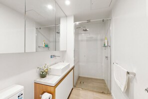 Hair dryer, towels, shampoo, toilet paper