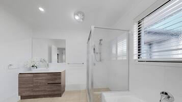 Hair dryer, towels, soap, shampoo