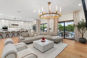 TV, fireplace, books, offices