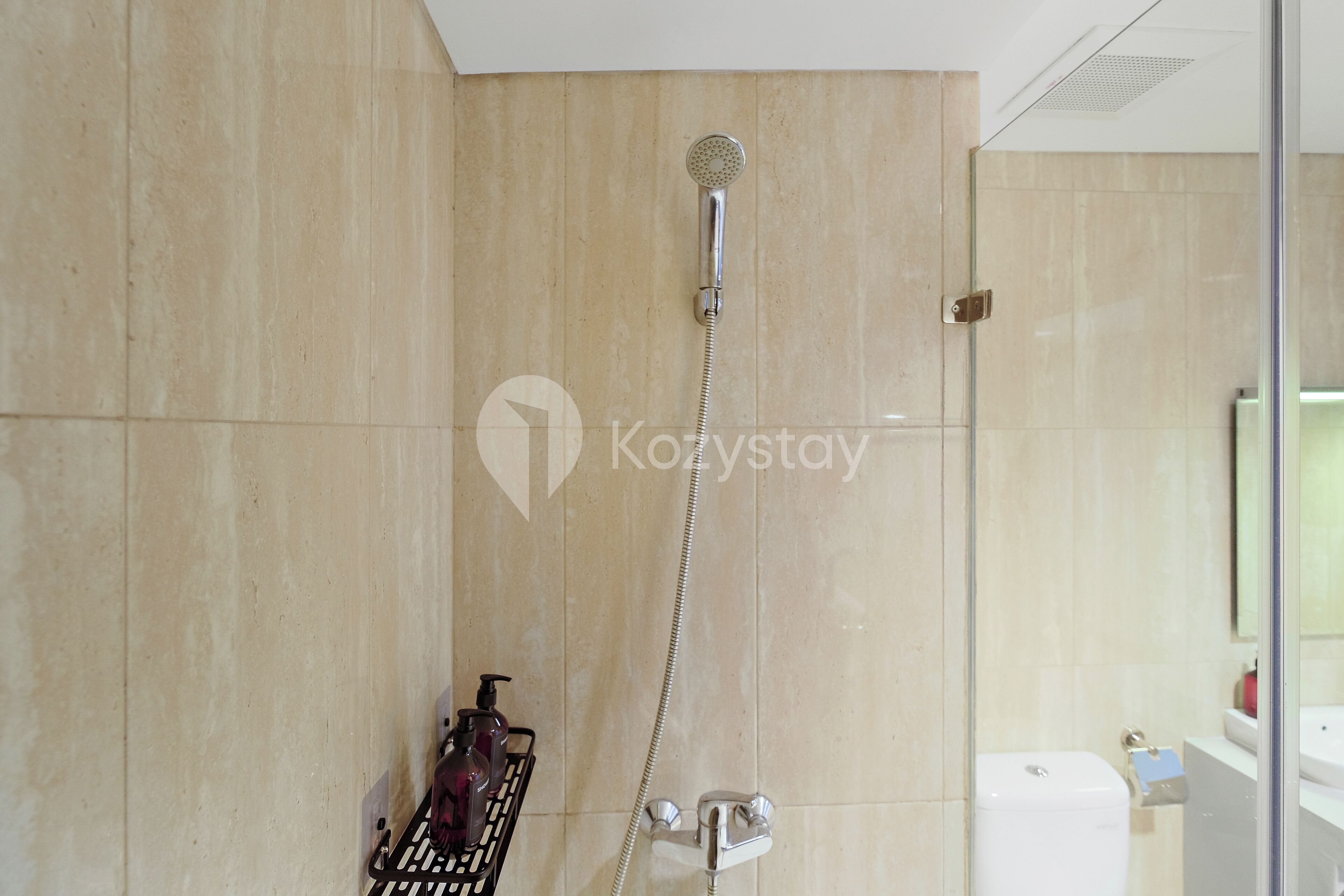 A modern bathroom with a shower, a toilet, and a sink.