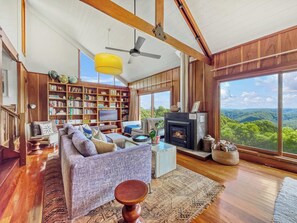 TV, fireplace, books, offices