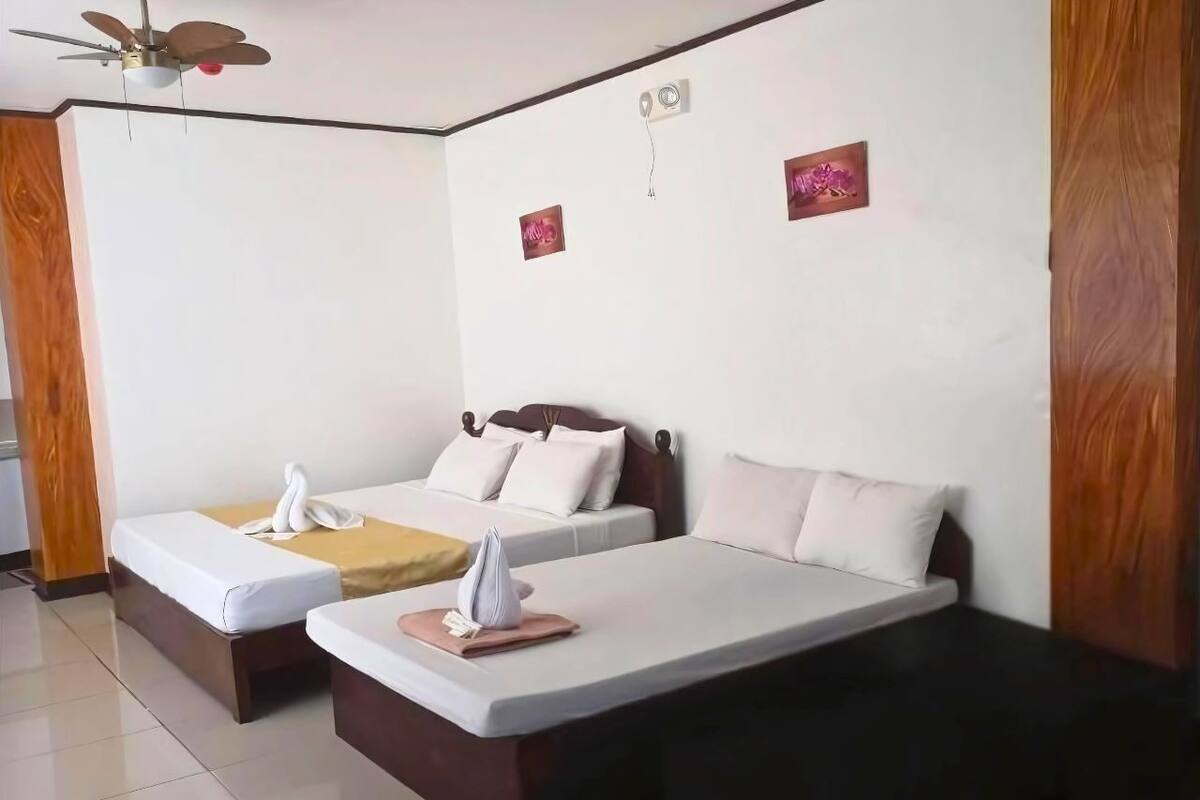 A hotel room with two single beds, a wooden headboard, a ceiling fan, and a small wall-mounted air conditioning unit.