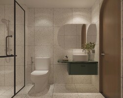 A bathroom with a shower, toilet, sink, and a mirror.