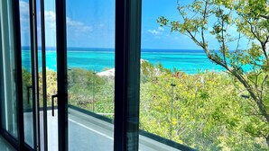 Een modern interieur met grote raampartijen met uitzicht op een kustlandschap, met turquoise water en begroeiing.
