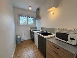 Fridge, microwave, oven, coffee/tea maker