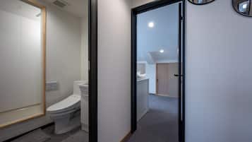 Hair dryer, towels, soap, toilet paper