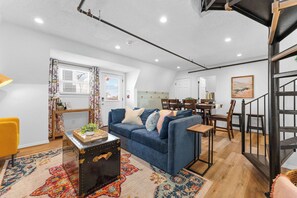 TV, fireplace, books
