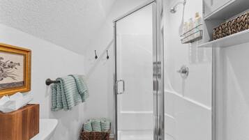 Shower, hair dryer, towels