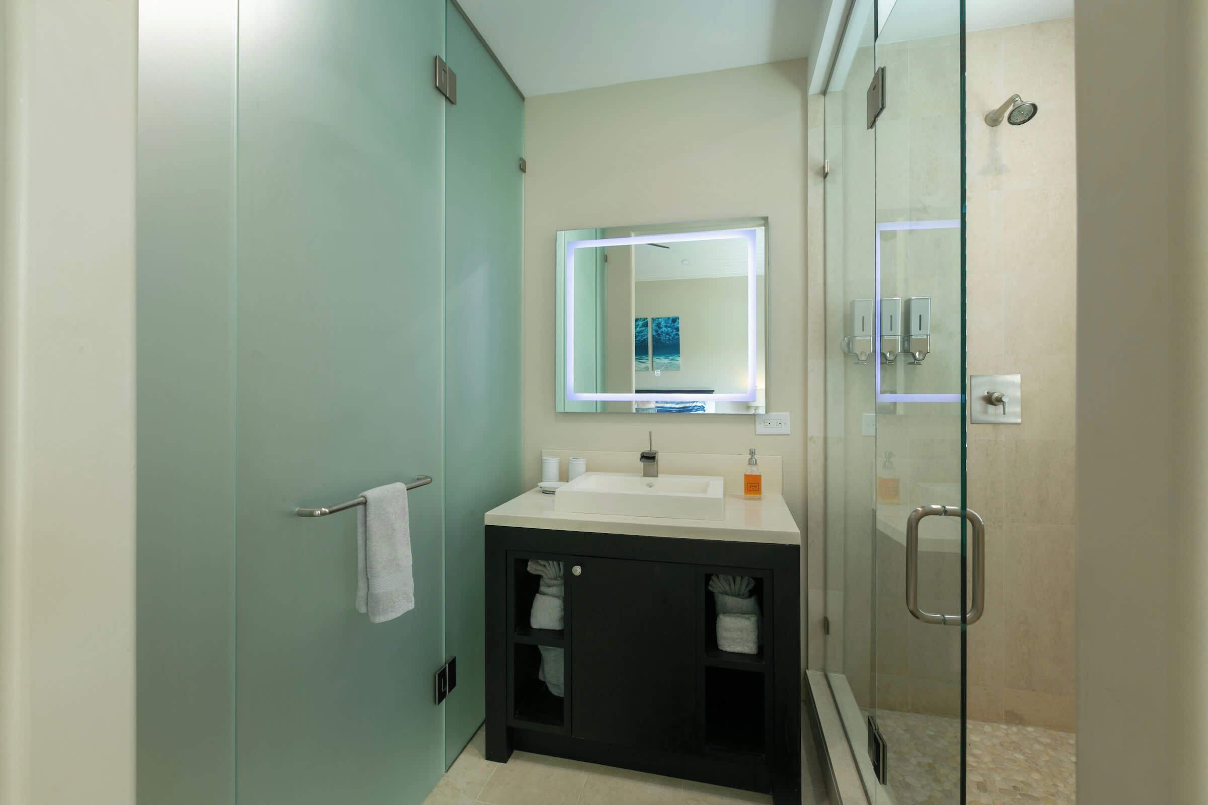 Une salle de bain moderne avec une douche à parois de verre, un meuble-lavabo avec un miroir et un porte-serviettes.