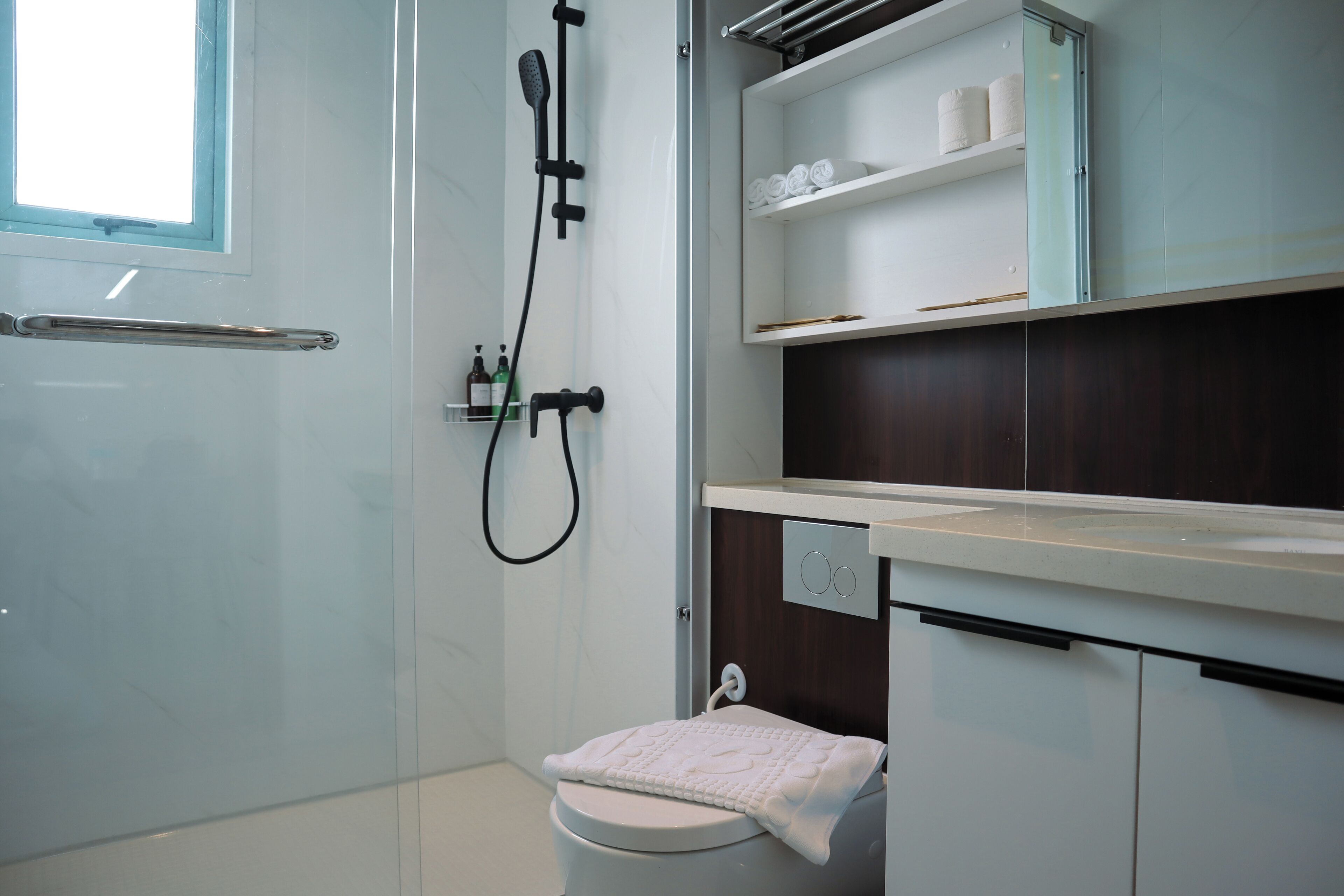 A modern bathroom with a glass shower enclosure, a white toilet, and a vanity with shelves above.