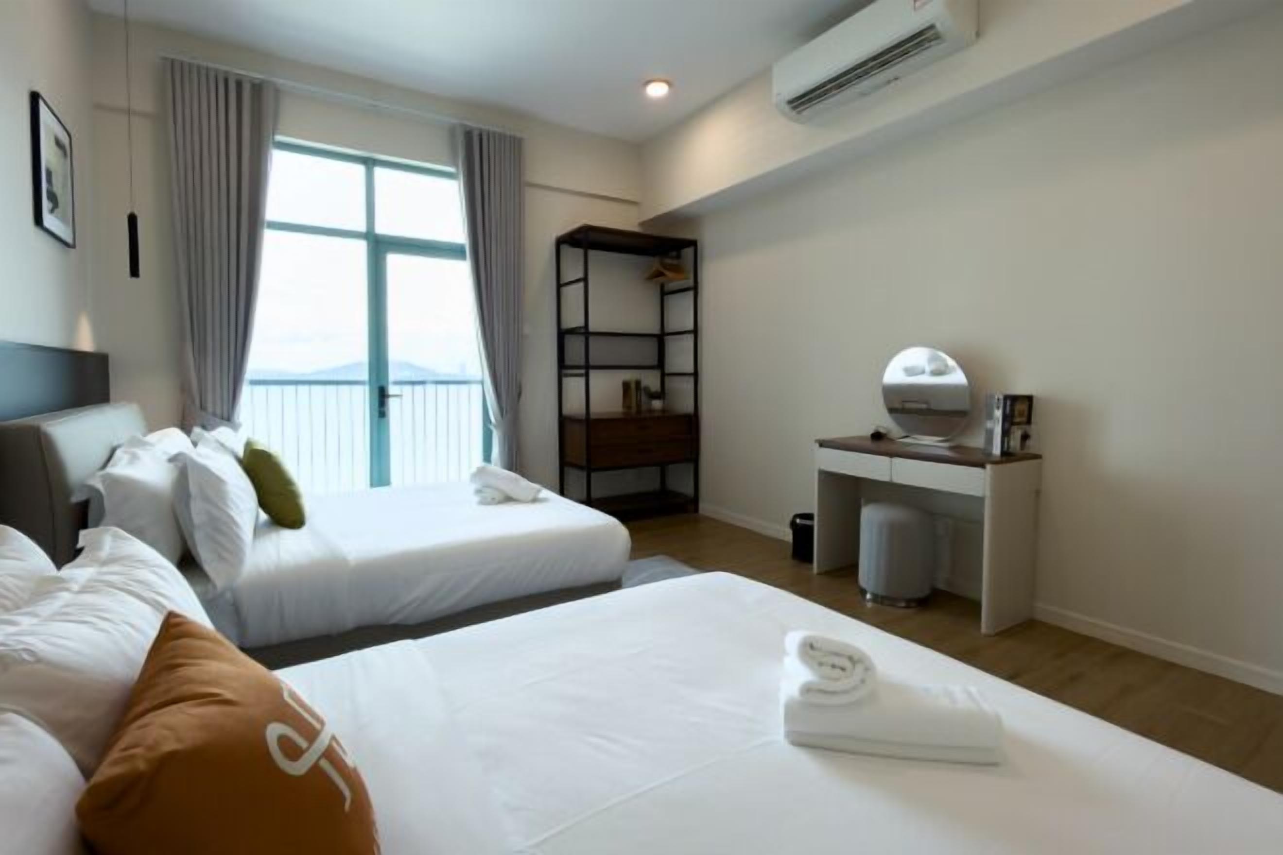 Individually decorated, desk, blackout curtains, iron/ironing board