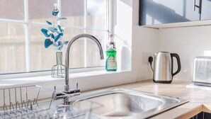 Een moderne keuken met een spoelbak van roestvrij staal, een waterkoker en een broodrooster op het aanrecht.