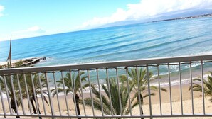 A beach view with a railing, palm trees, and a distant shoreline. - Incredible first line Levante beach Salou (Salou)