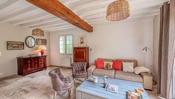 TV, fireplace, books