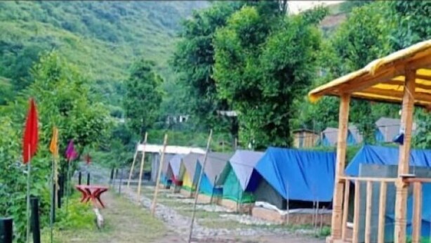 Un camping con tiendas de campaña y un perro acostado en el suelo.