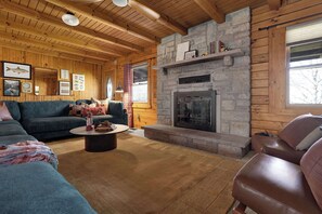 TV, fireplace, books, offices