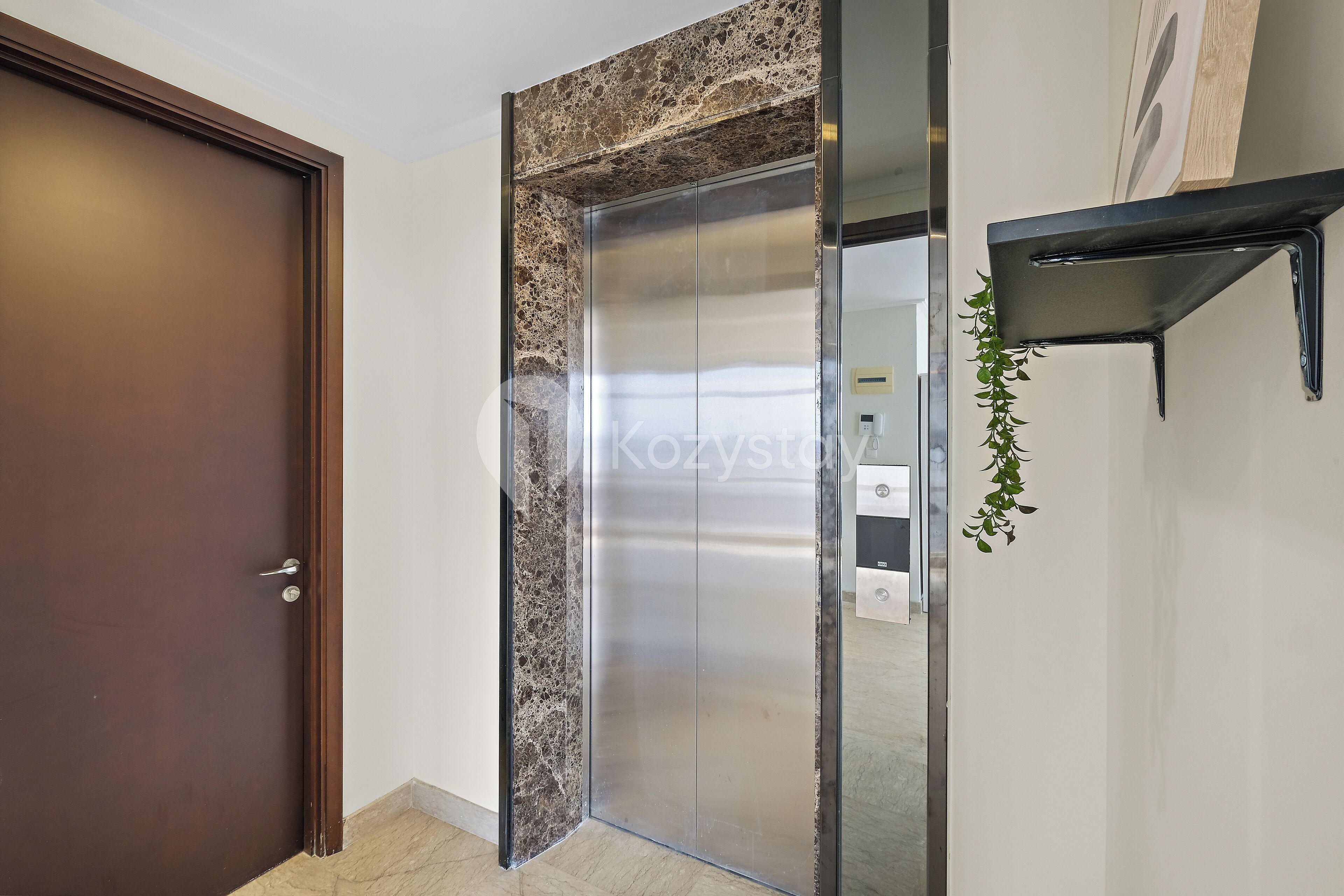 A modern elevator with a marble finish, a wooden door, and a small plant on the wall.
