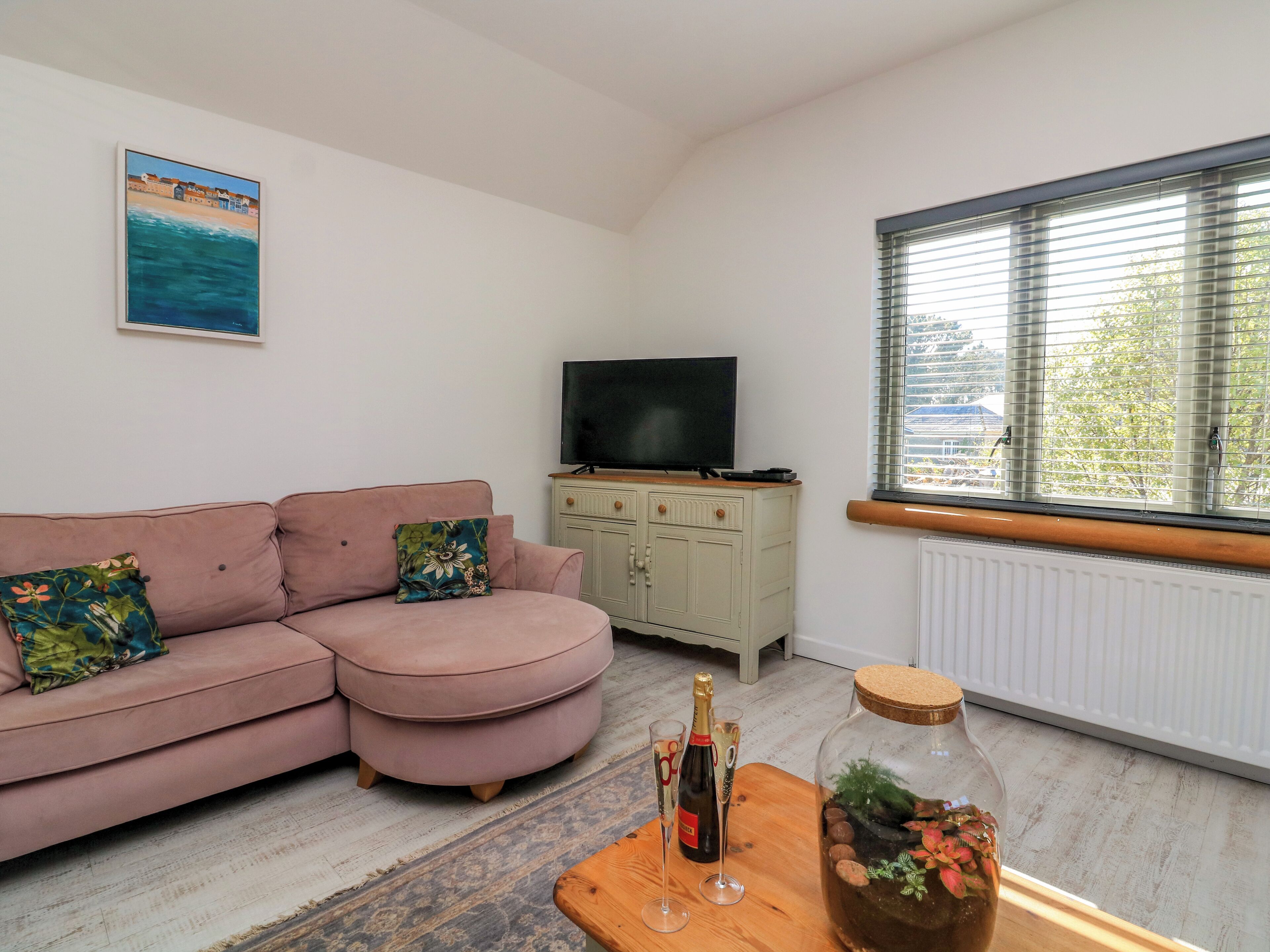 A living room with a pink sofa, a television, a cabinet, a window with blinds, and a small table with a bottle and glasses.