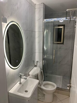 A modern bathroom with a sink, toilet, and glass-enclosed shower.