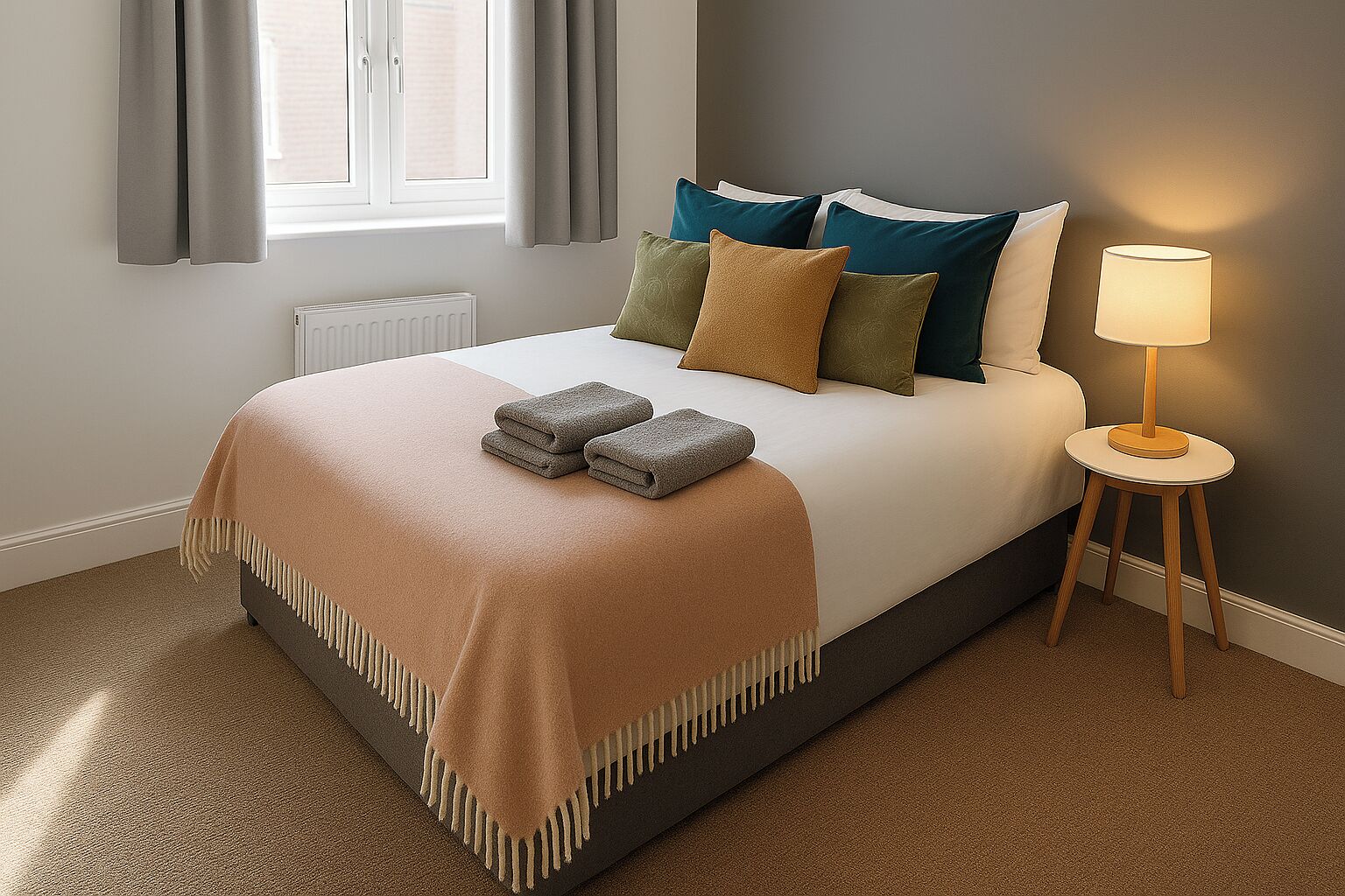 A neatly made bed with a beige blanket and two folded towels, a bedside lamp, and a window with curtains.