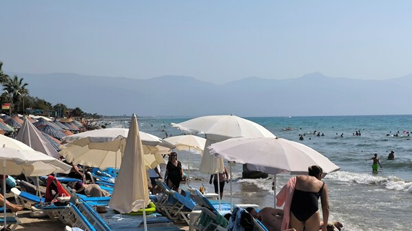 A la platja, gandules de platja i para-sols per a la platja