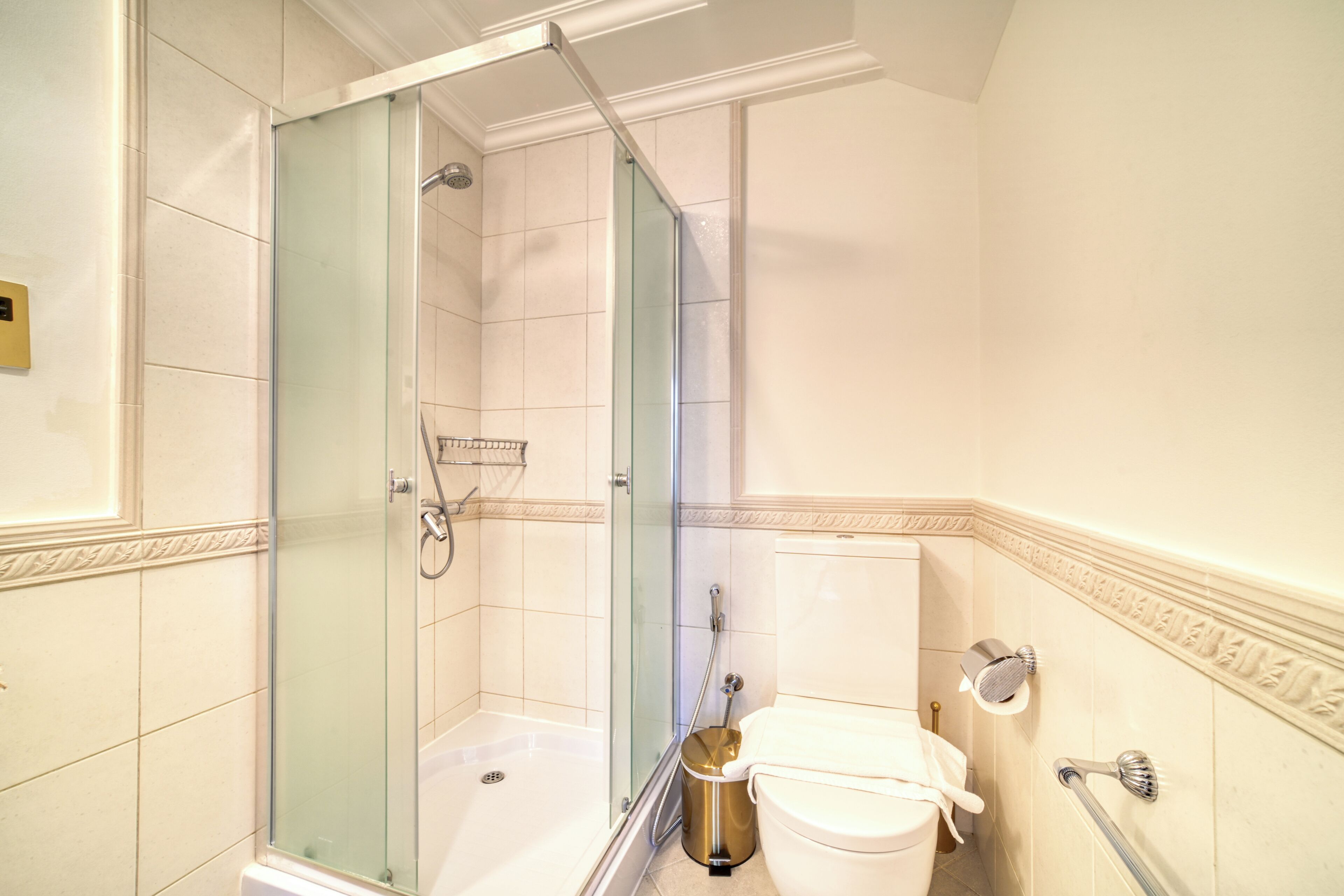 Une salle de bain avec une douche à parois de verre, des toilettes blanches et une barre d’appui.