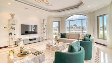 Exclusive Villa, 5 Bedrooms, Private Pool, Beach View | Living area | TV
