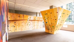 A climbing wall with various holds and a large, uniquely shaped structure in the foreground. - City Views Apt - FREE Parking , WIFI, Gym, + Pool! (Melbourne)
