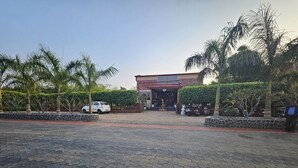 Un área de acceso pavimentada con un edificio al fondo, rodeada de palmeras y un muro de piedra.