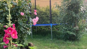 Un jardín con flores rosadas y un trampolín al fondo.
