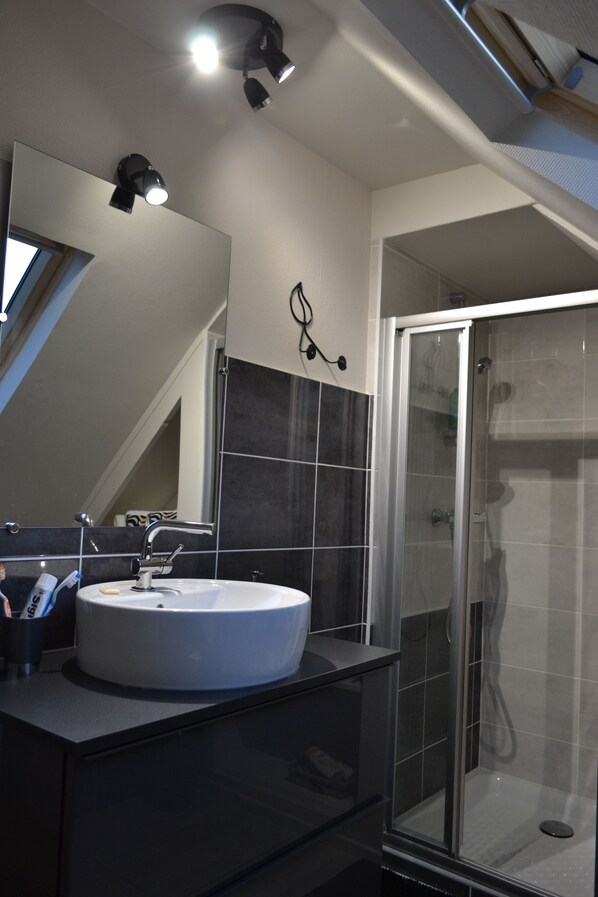 Douche, séchoir à cheveux, serviettes fournies, savon
