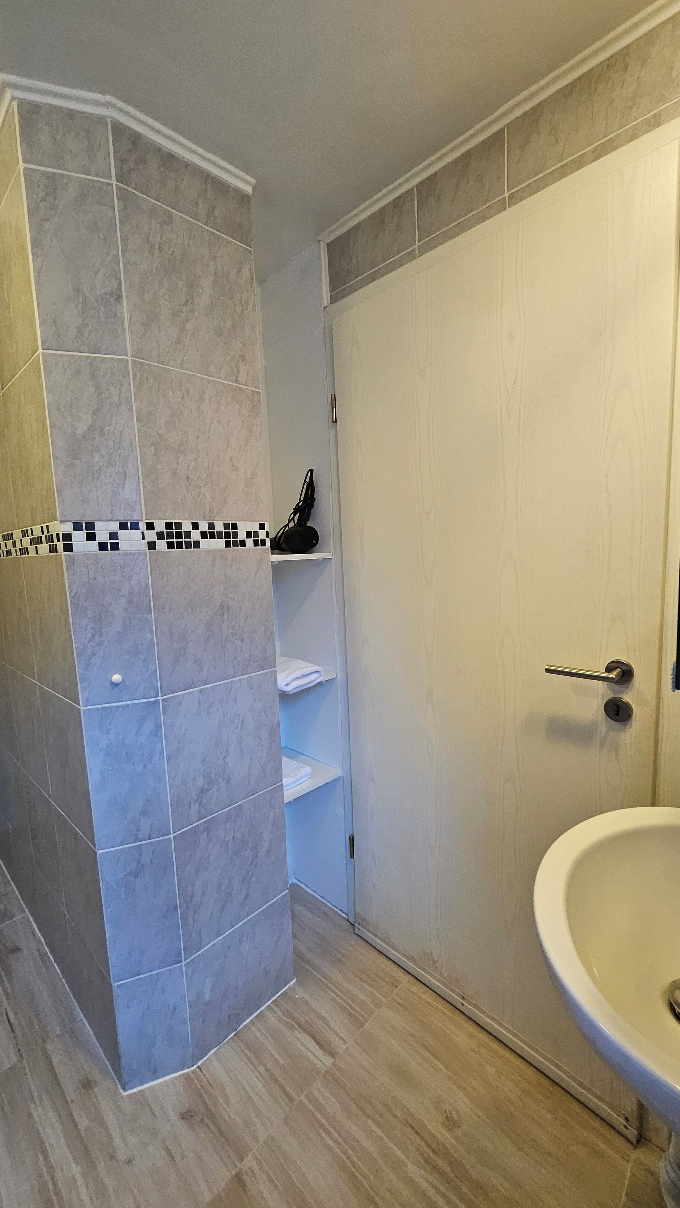 Une salle de bain avec une douche carrelée, une porte en bois et un lavabo.