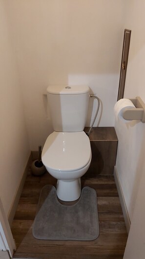 A small, compact bathroom with a white toilet, a wooden floor, and a grey mat. - Family-friendly vacation rental in the heart of Saint-Aignan – ideal 3-night stay – 5 min from Beauval Zoo (Saint-Aignan)