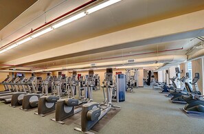 A gym with various exercise machines, including treadmills and weight stations. - Majestic Tower 2-508 Beachfront, Pools, Hot Tubs, Gym, Tennis, FREE Perks! (Panama City Beach)