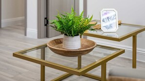 A modern interior with a glass-top table, a potted plant, and a framed picture on a white wall.